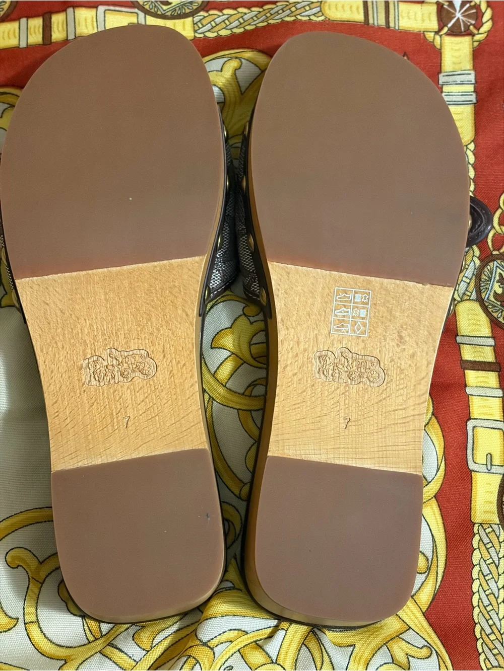 Coach Brown Signature Jacquard Slide Sandals with Gold Buckle